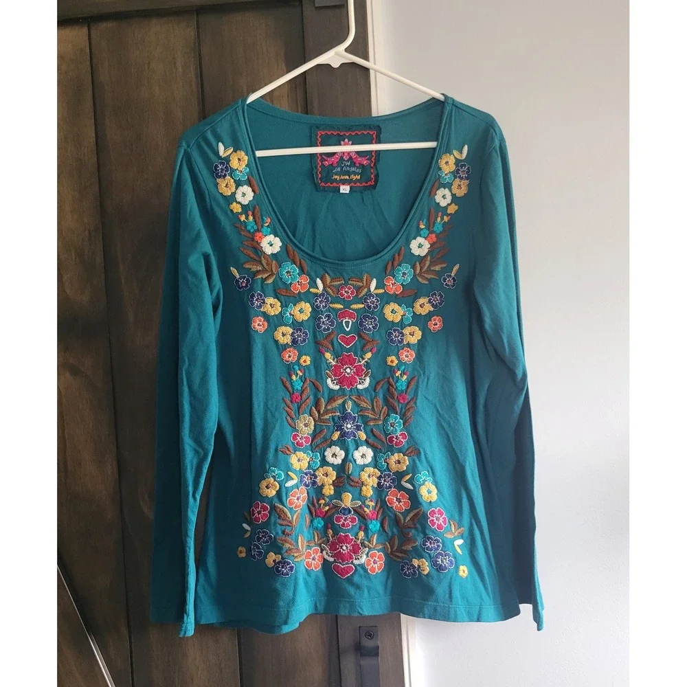 JW Los Angeles Embroidery Floral Boho Top XL Teal Cottagecore Folk Blouse Cotton - Picture 2 of 7